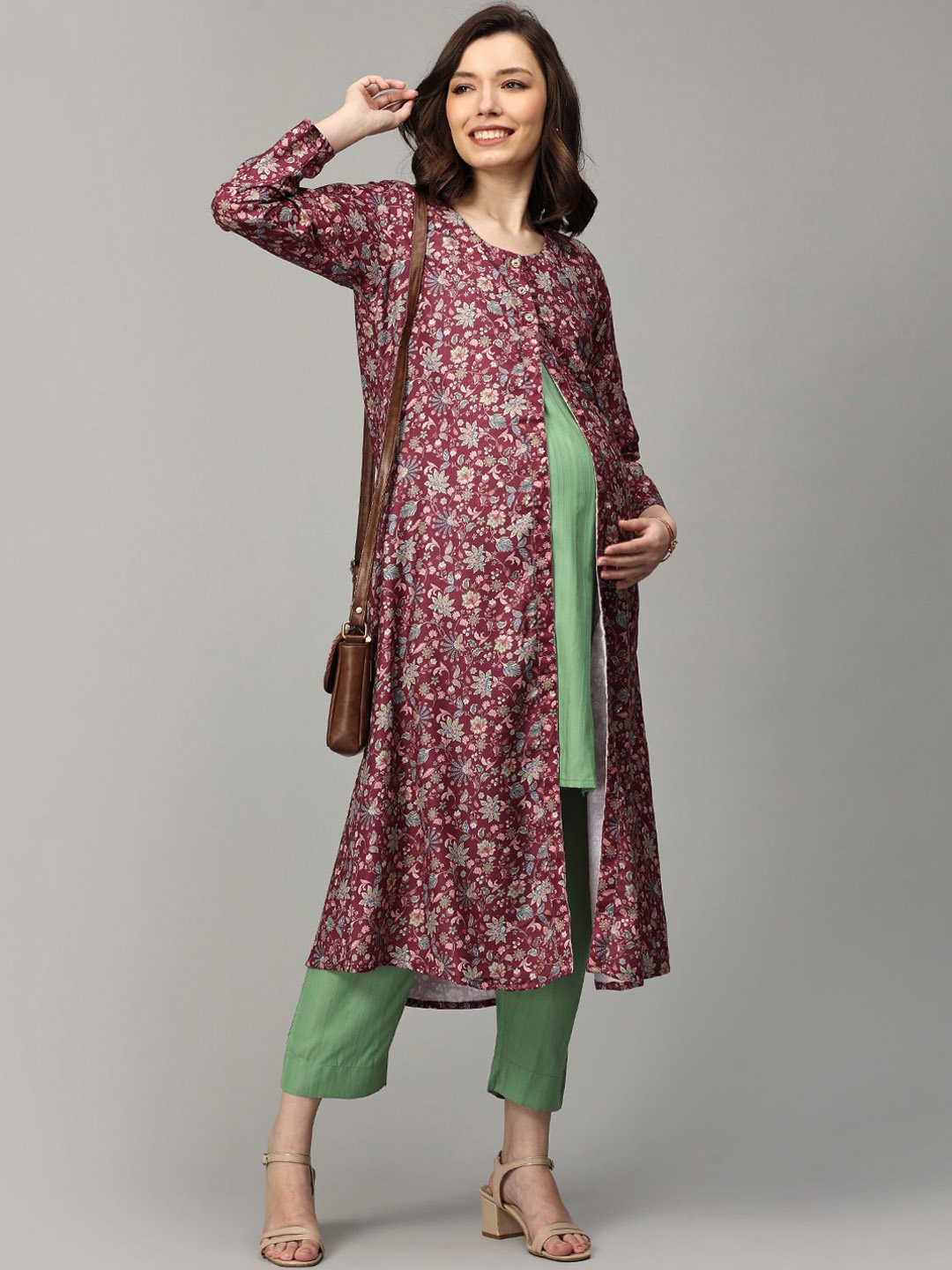 

The Mom Store Round Neck Maternity Tunic & Trouser & Shrug, Green