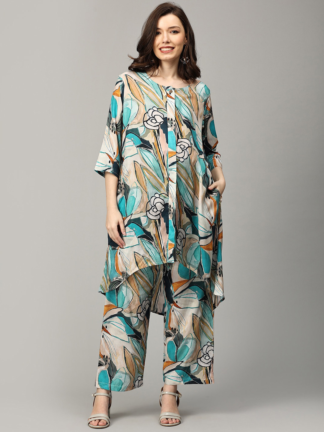

The Mom Store Maternity Printed High Low Longline Top With Trouser, Grey