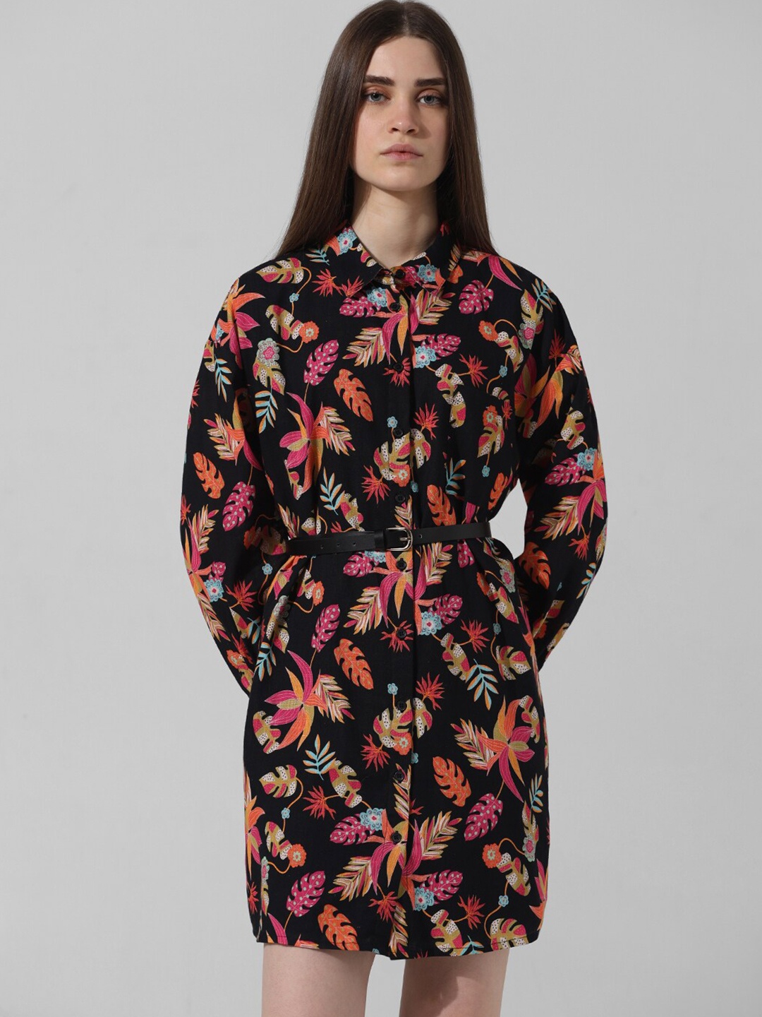 

ONLY Floral Printed Belted Pure Cotton Shirt Dress, Black