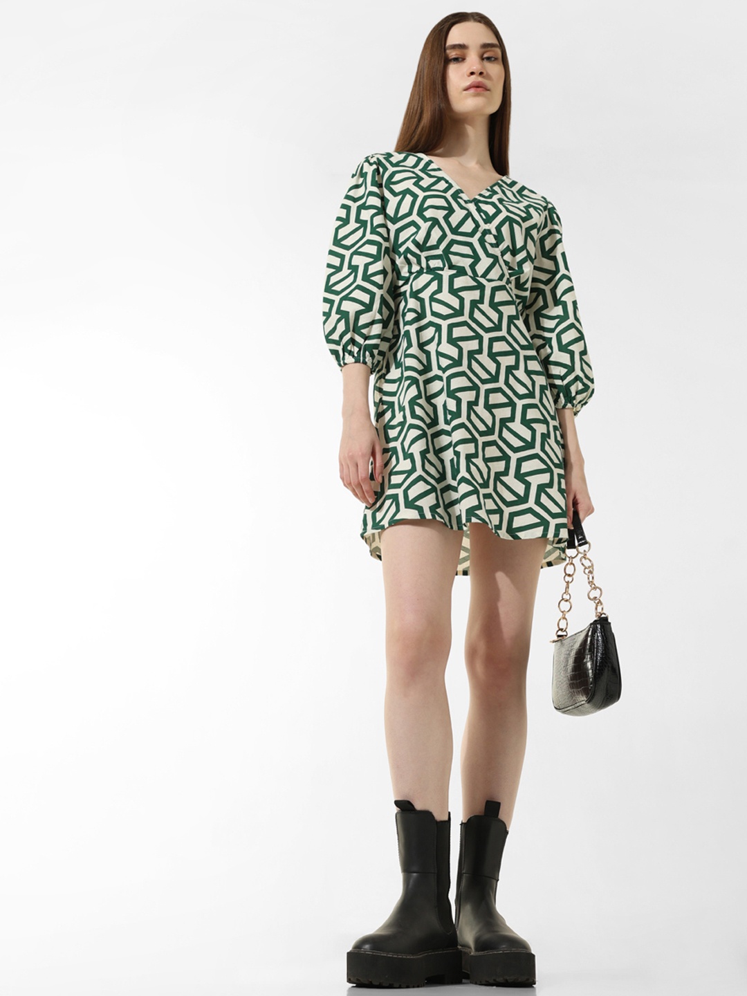 

ONLY Geometric Printed V-Neck Puff Sleeves Pure Cotton A-Line Dress, White