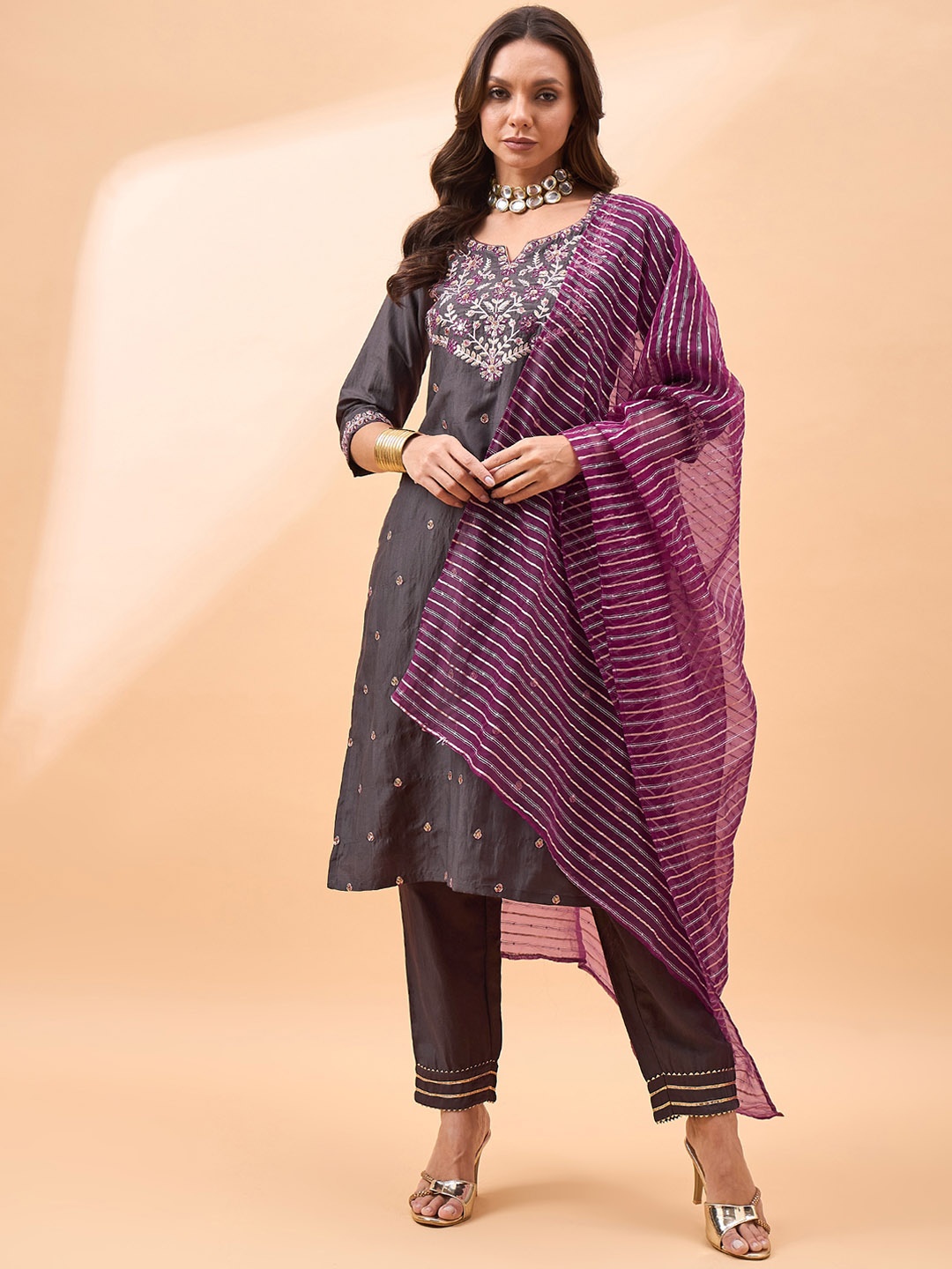 

all about you Women Ethnic Motifs Embroidered Regular Mirror Work Kurta with Trousers & With Dupatta, Grey