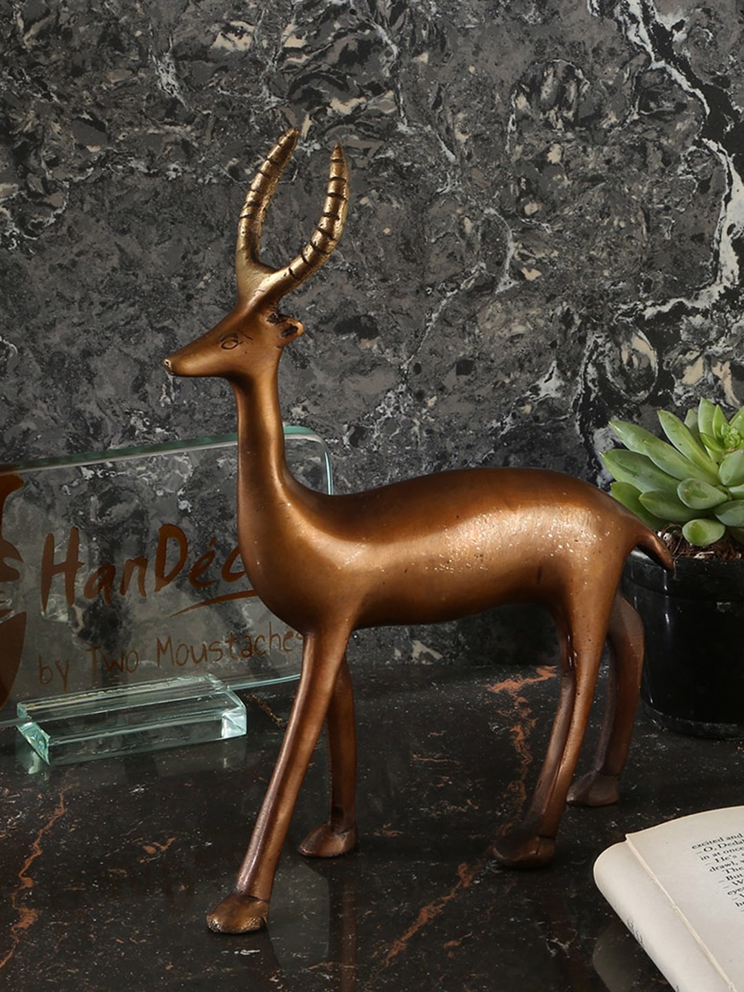

Two Moustaches Brown Vintage Standing Deer Brass Showpiece
