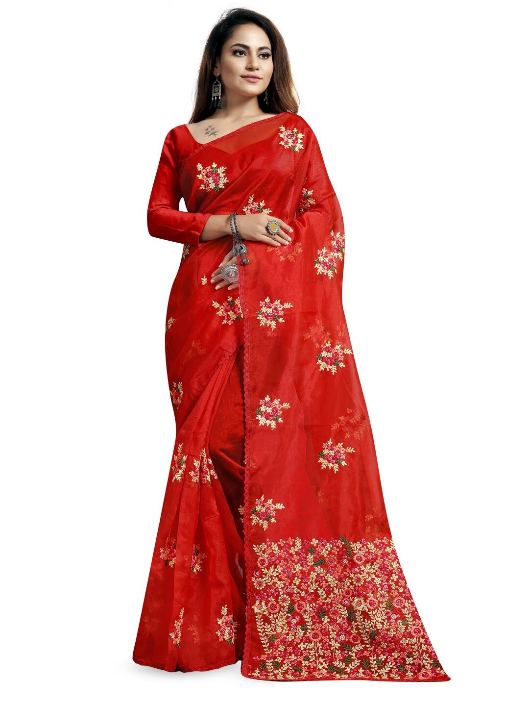 

SAREESBYCHIRAG Ethnic Motifs Embroidered Organza Saree, Red