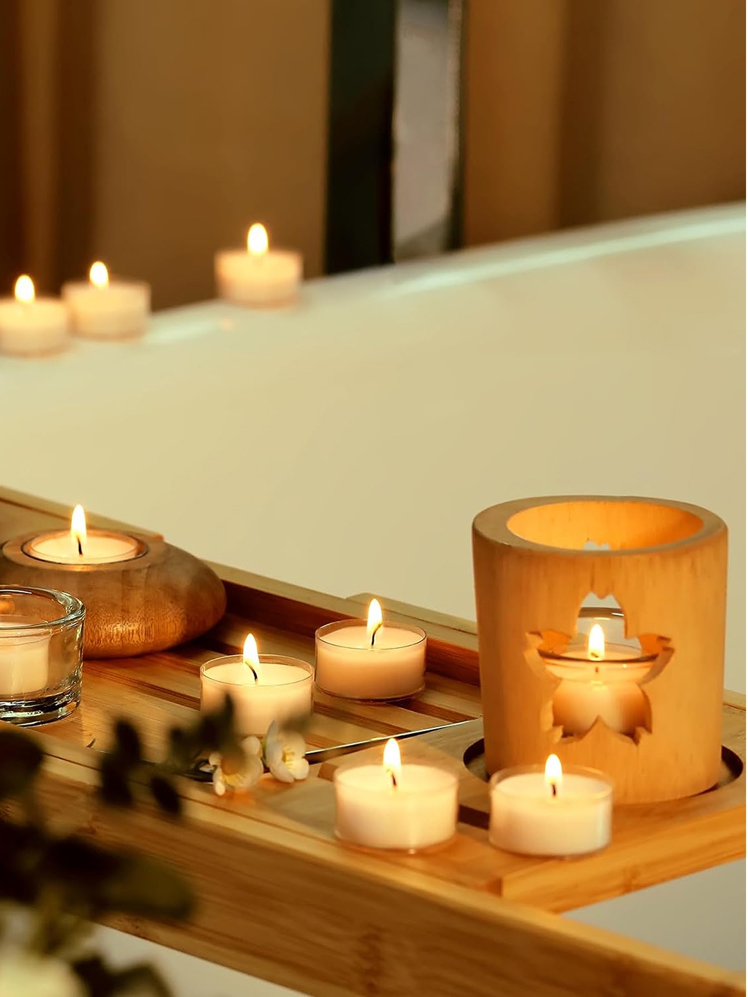 

Seva Home Set Of 50 Leather Tealight Candles, Off white