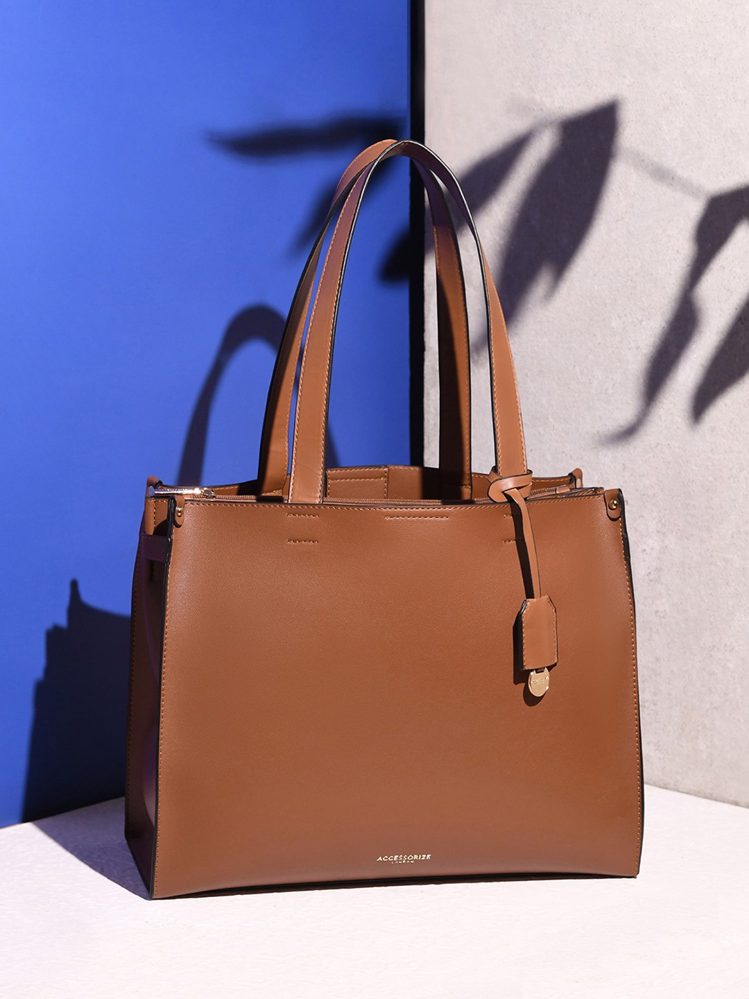

Accessorize London Colourblocked PU Structured Tote Bag, Tan