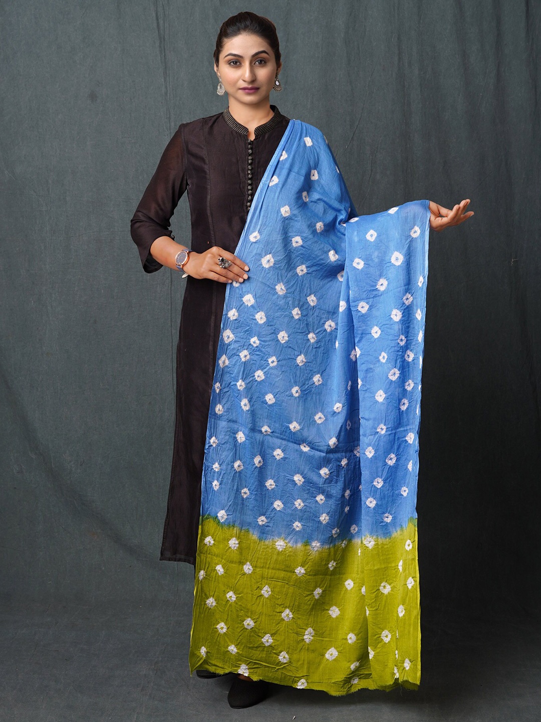 

Unnati Silks Printed Pure Cotton Bandhani Dupatta, Blue