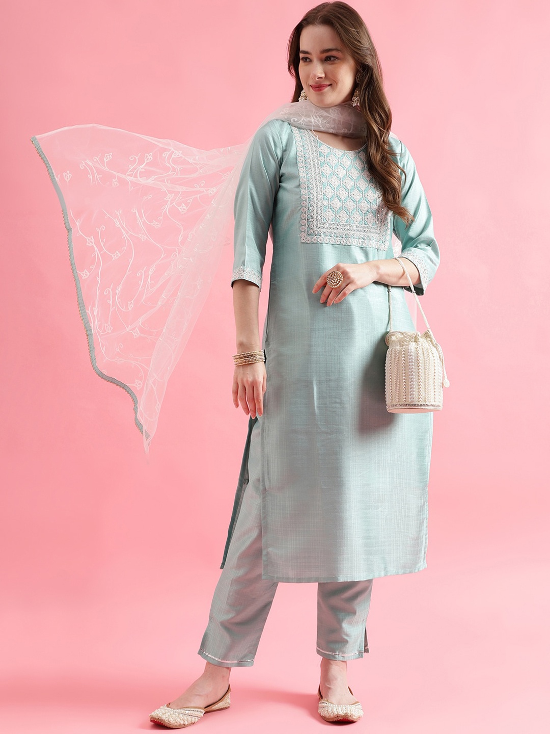 

VredeVogel Women Floral Embroidered Regular Thread Work Kurta with Trousers & With Dupatta, Sea green