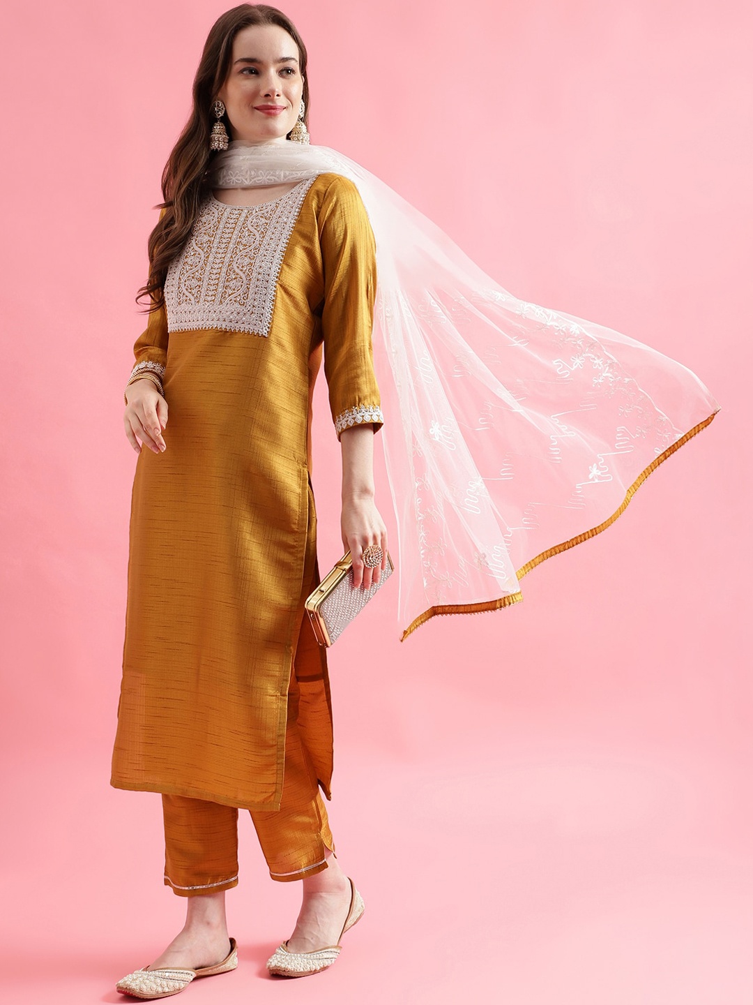 

VredeVogel Women Yoke Design Regular Sequinned Kurta with Trousers & With Dupatta, Mustard