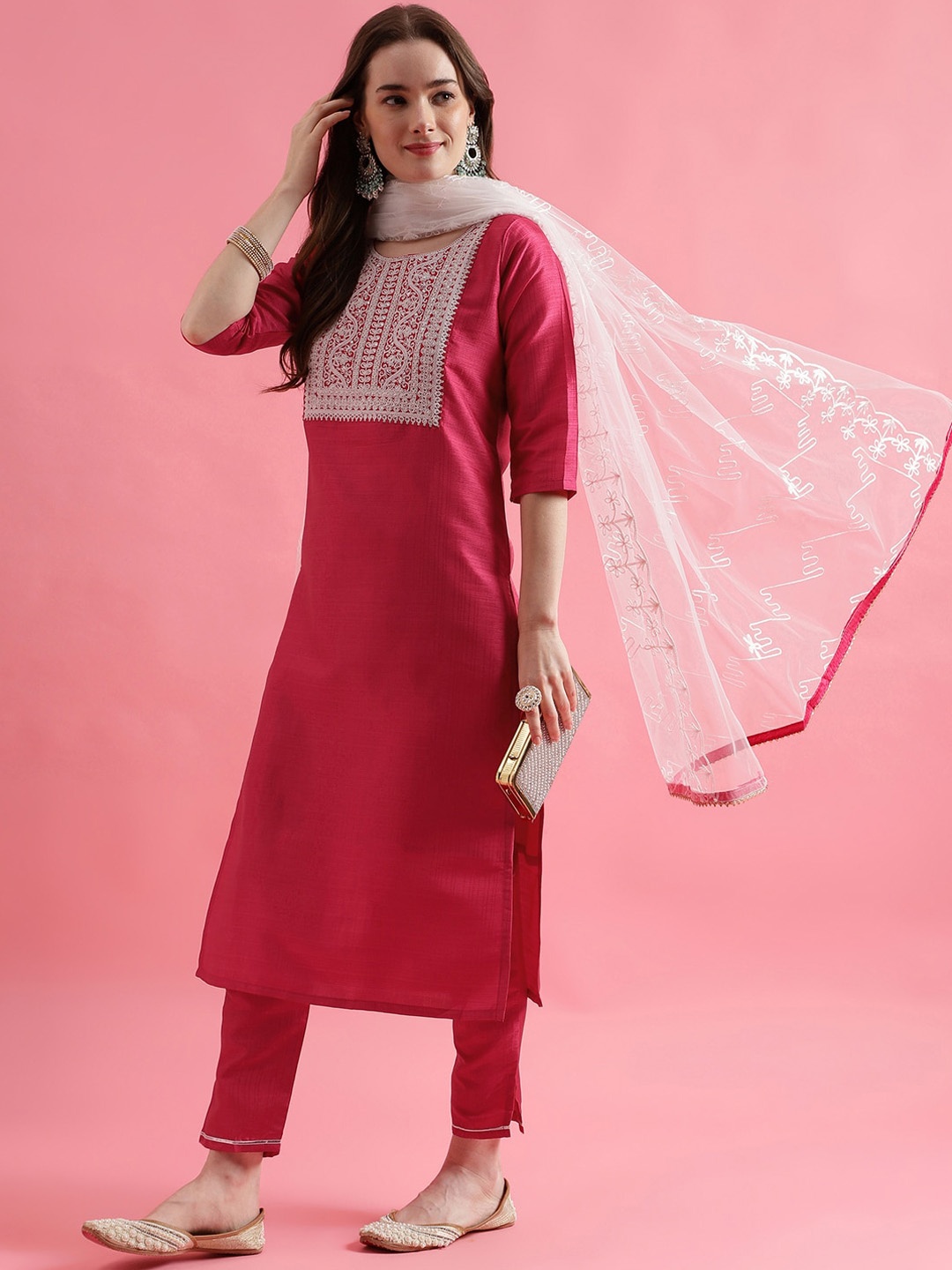 

VredeVogel Women Ethnic Motifs Yoke Design Regular Thread Work Kurta with Trousers & With Dupatta, Pink