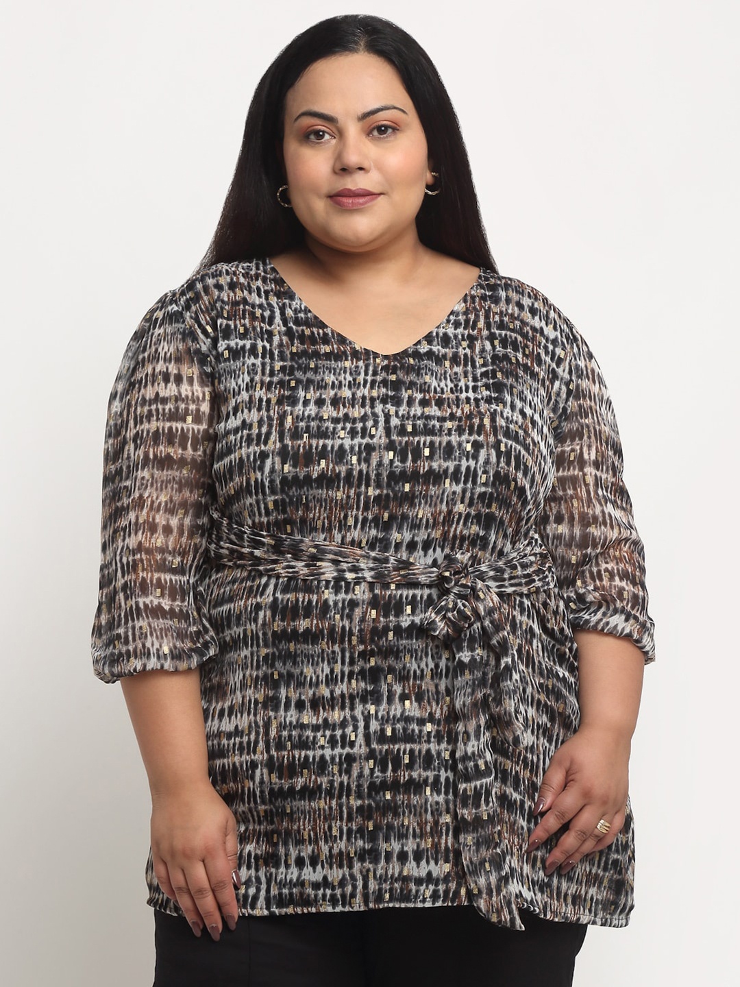 

sindrellastorie Plus Size Abstract Printed Waist Tie-Ups Georgette Top, Black