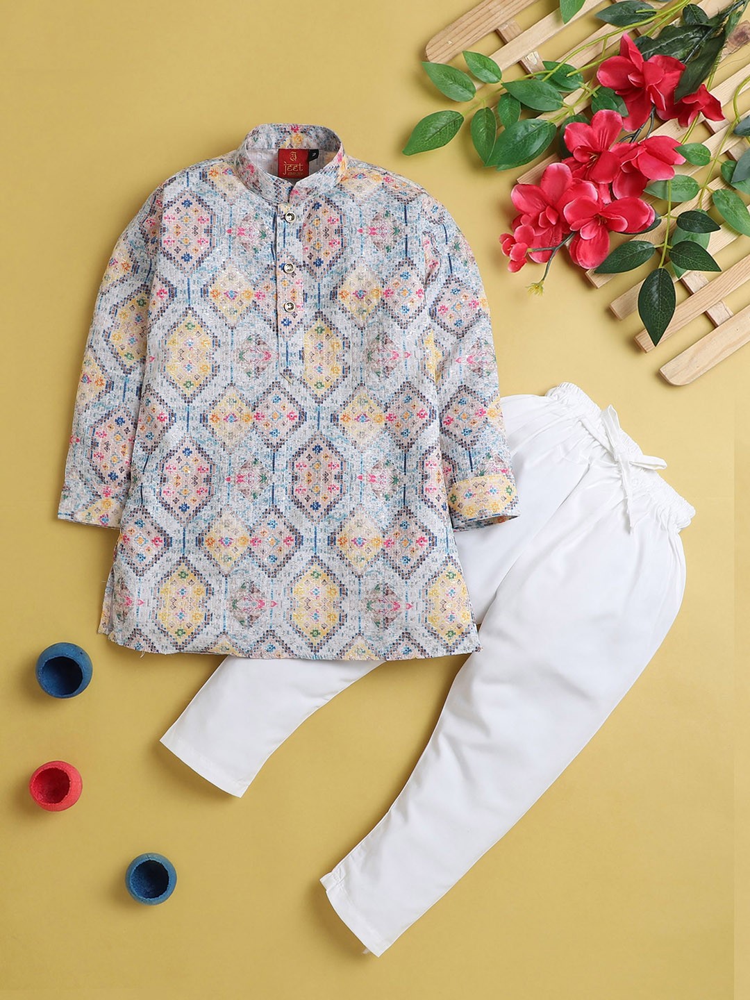 

Jeetethnics Boys Printed Regular Thread Work Kurta with Pyjamas, Blue