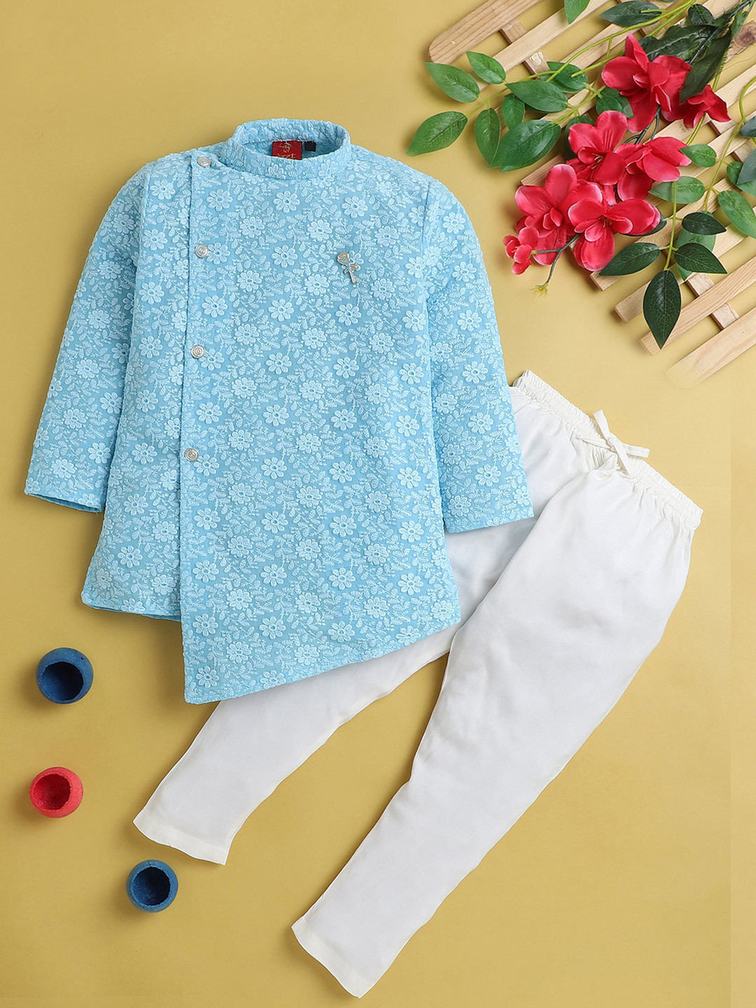 

Jeetethnics Boys Floral Regular Kurta with Pyjamas, Blue