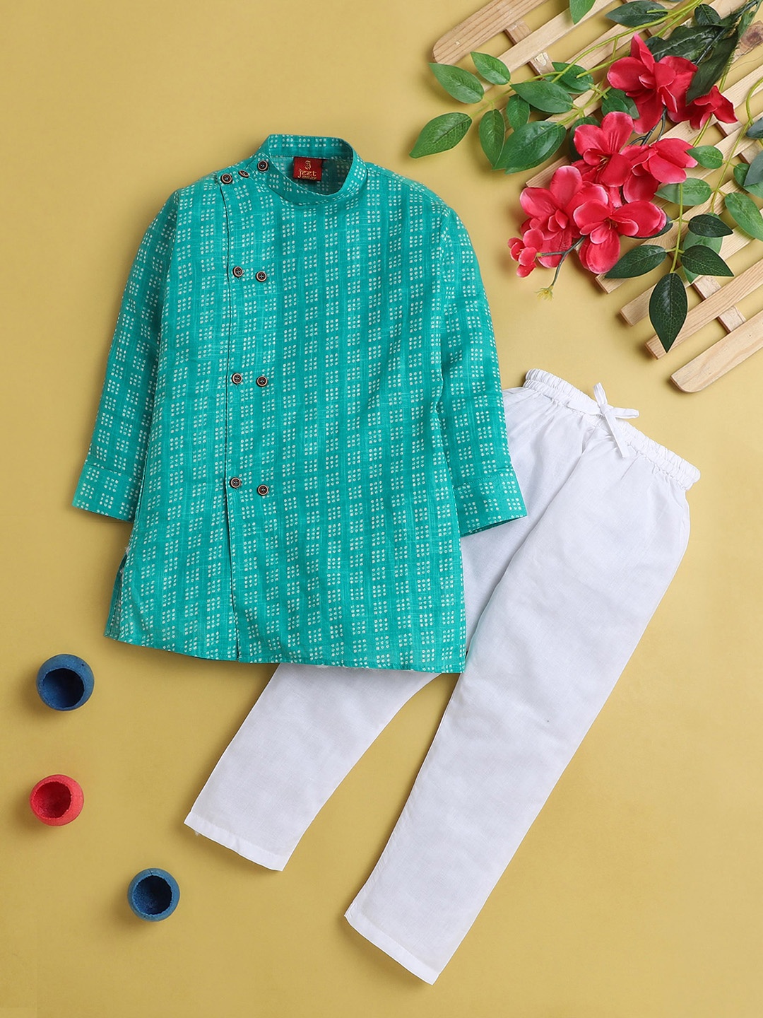 

Jeetethnics Boys Printed Regular Kurta with Pyjamas, Turquoise blue