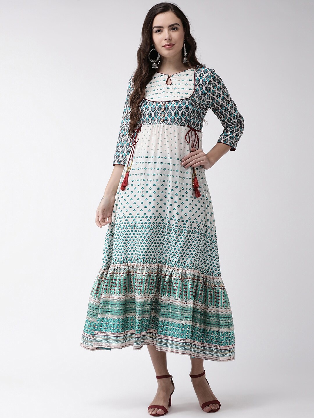 

RANGMAYEE Ethnic Motifs Printed Keyhole Neck Liva Tie Up Tiered A-Line Midi Ethnic Dress, White