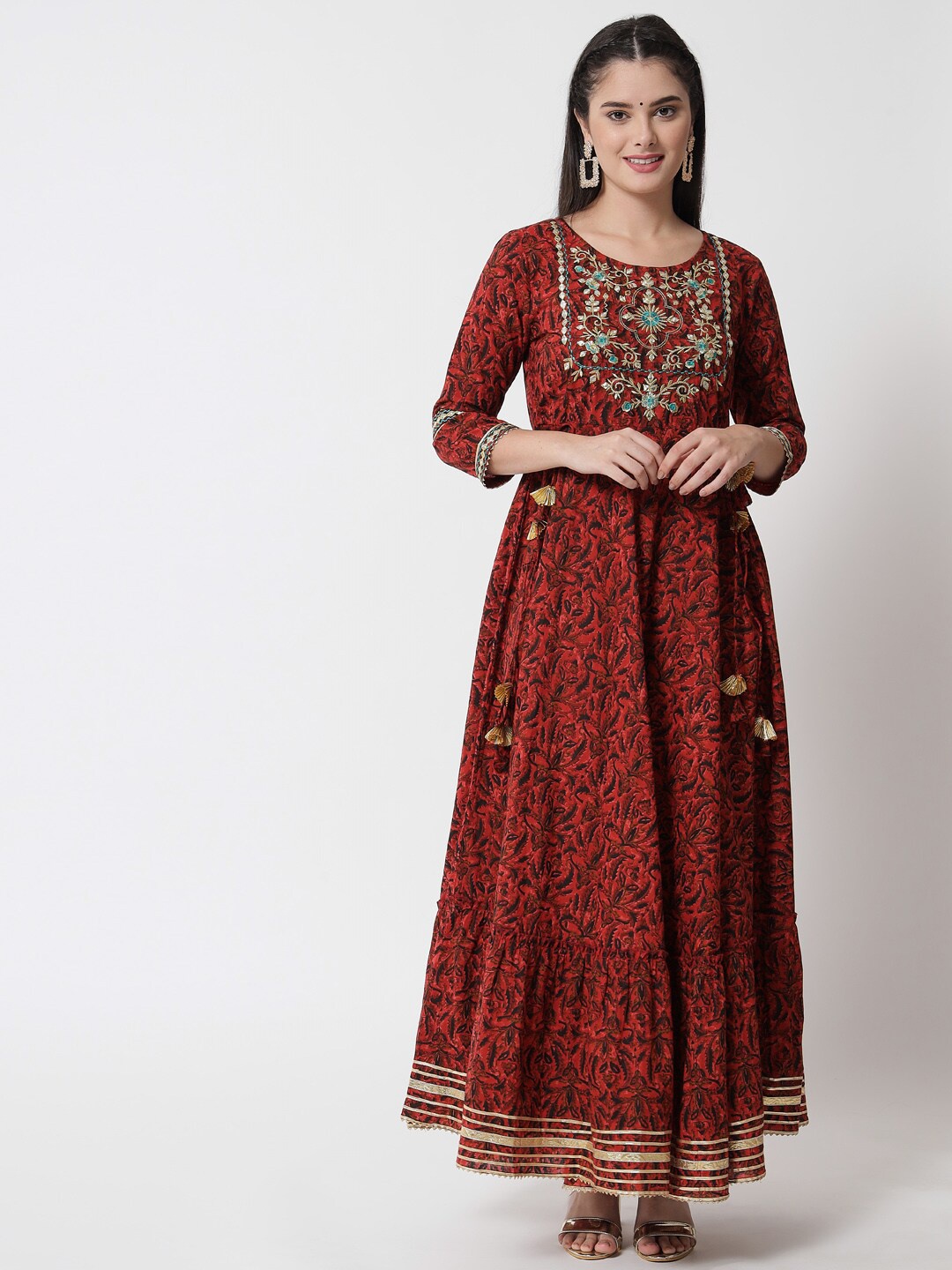 

RANGMAYEE Floral Embroidered Pleated Cotton Fit & Flare Dress, Maroon