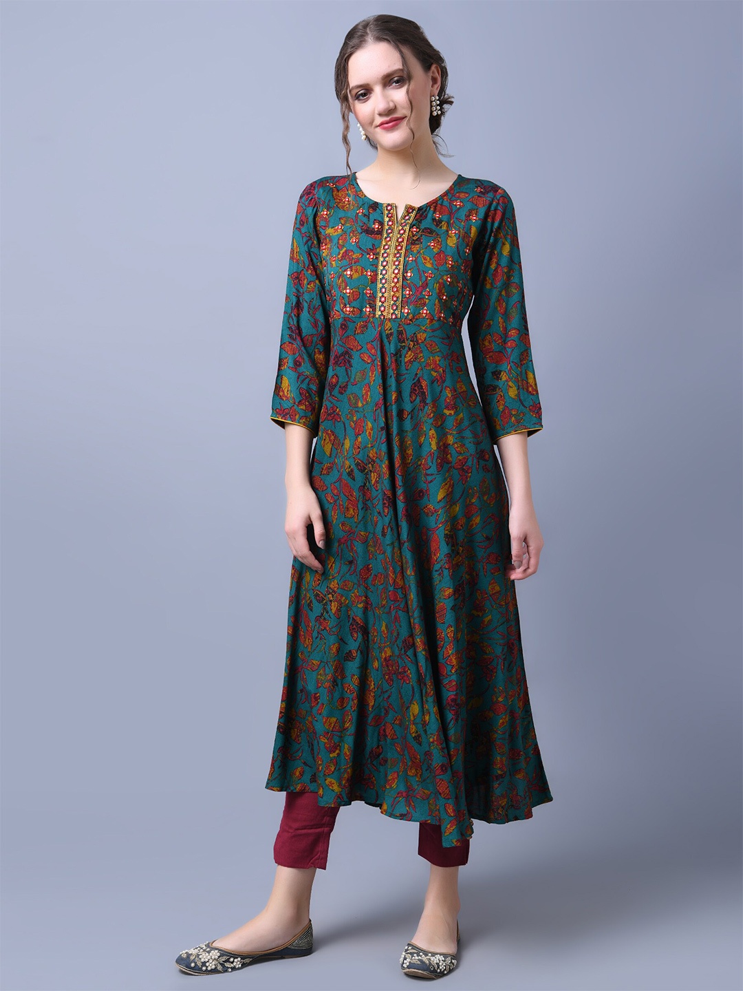 

RANGMAYEE Floral Printed A-Line Liva Kurta, Turquoise blue