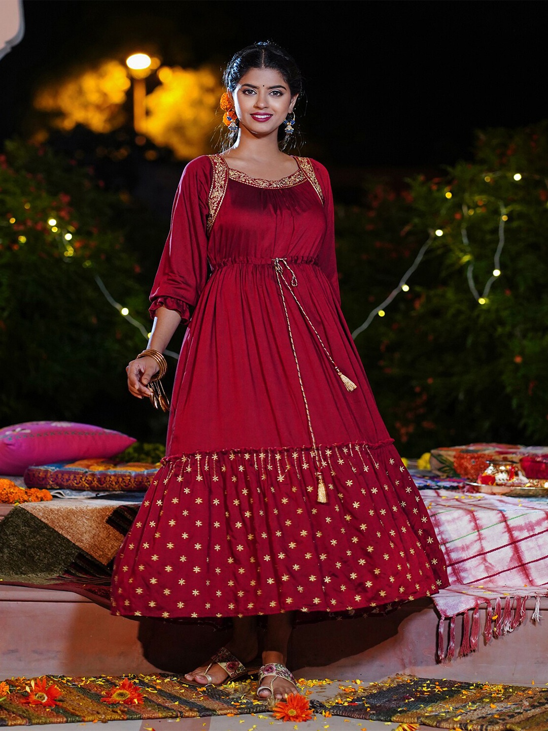 

RANGMAYEE Floral Embroidered Cuffed Sleeves Liva Fit & Flare Ethnic Dress, Maroon