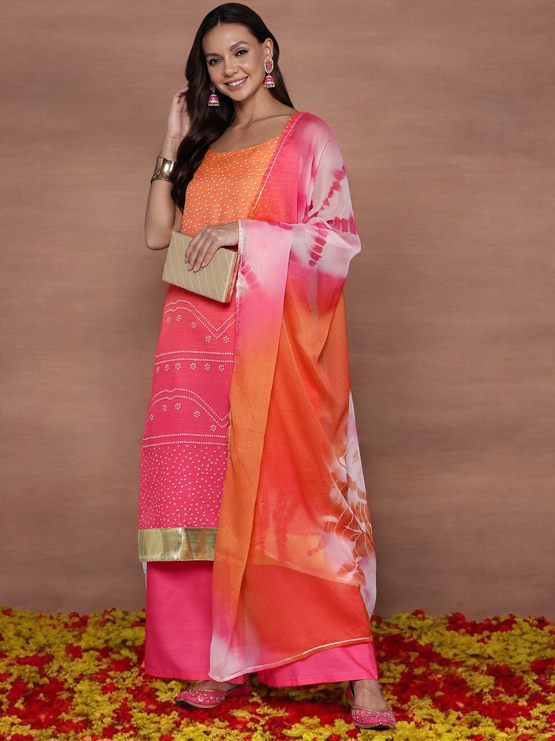 

Ahalyaa Women Bandhani Printed Regular Gotta Patti Kurta with Palazzos & With Dupatta, Pink