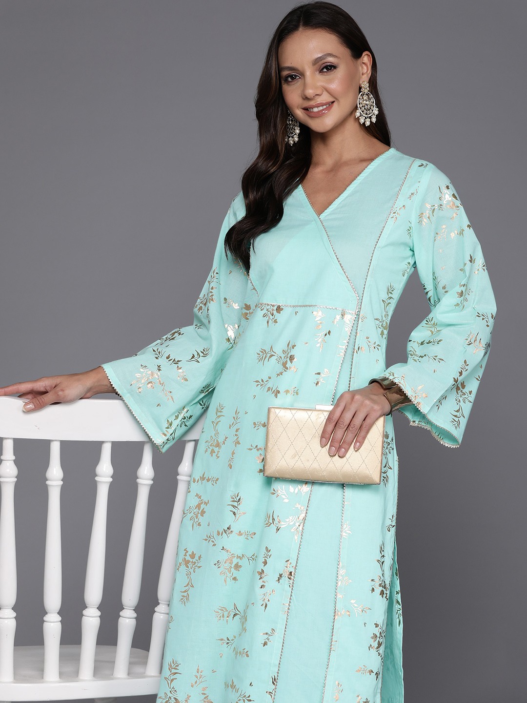 

Ahalyaa Women Floral Printed Angrakha Gotta Patti Pure Cotton Kurta with Palazzos, Blue