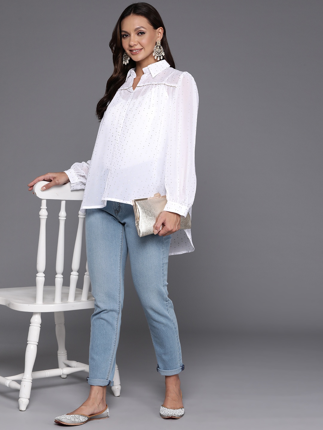 

Ahalyaa Print Puff Sleeves Shirt Style Longline Top, White