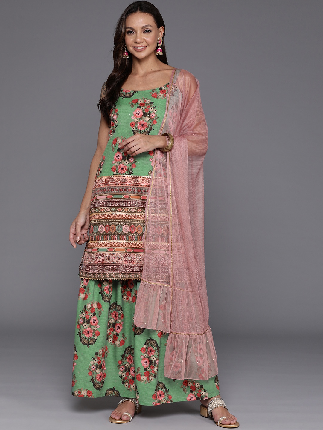 

Ahalyaa Women Floral Printed Regular Gotta Patti Kurta with Sharara & With Dupatta, Green