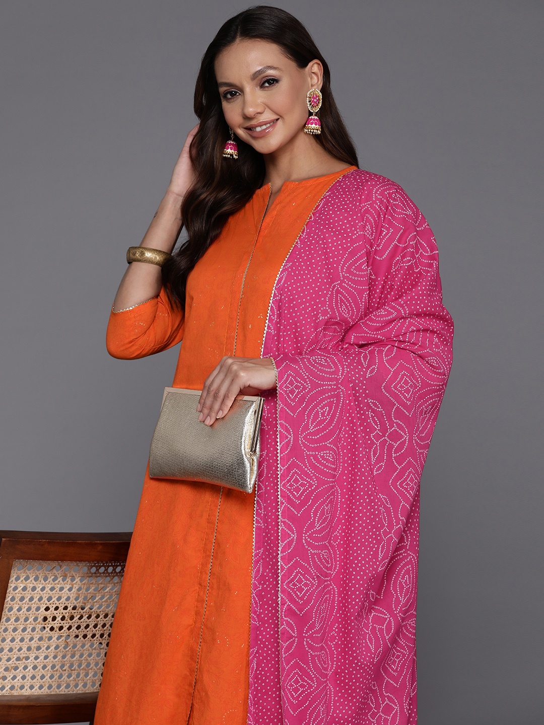 

Ahalyaa Women Floral Printed Regular Gotta Patti Pure Cotton Kurta with Palazzos & With Dupatta, Orange