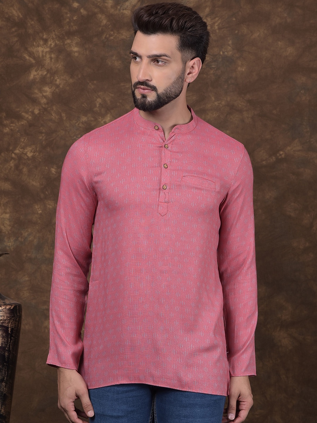 

DEYANN Men Striped Thread Work Kurta, Pink
