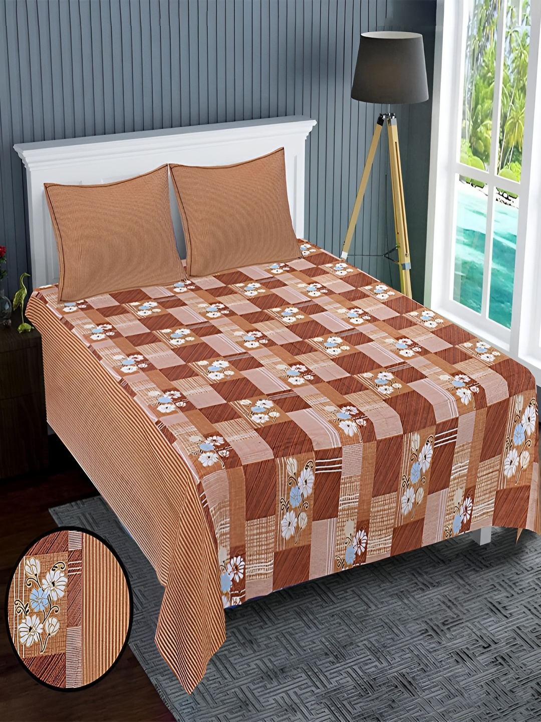 

Kuber Industries Brown & Blue Floral 300 TC 5 Queen Bedsheet with 2 Pillow Covers