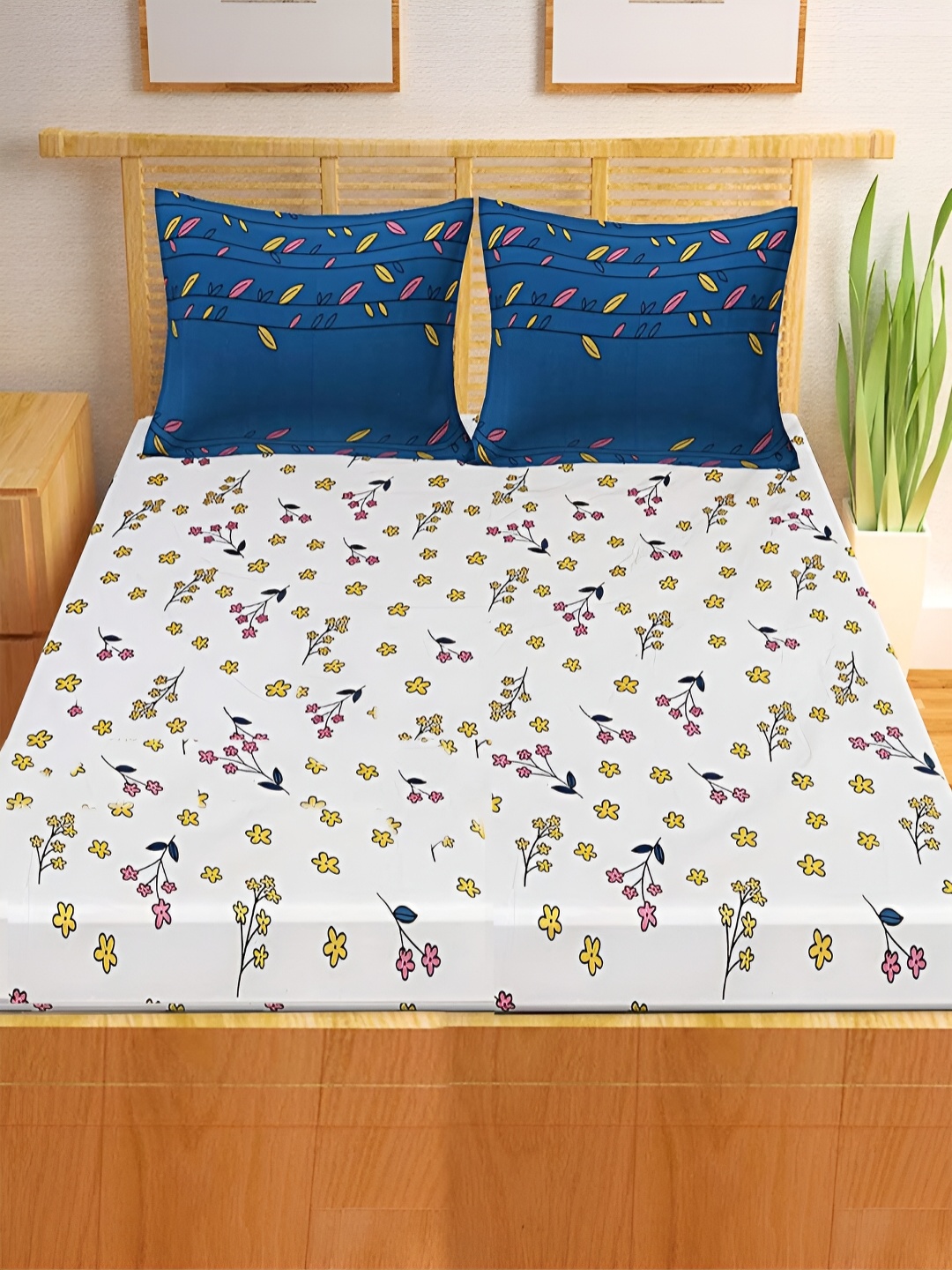 

Kuber Industries White & Yellow Floral 300 TC Queen Bedsheet with 2 Pillow Covers