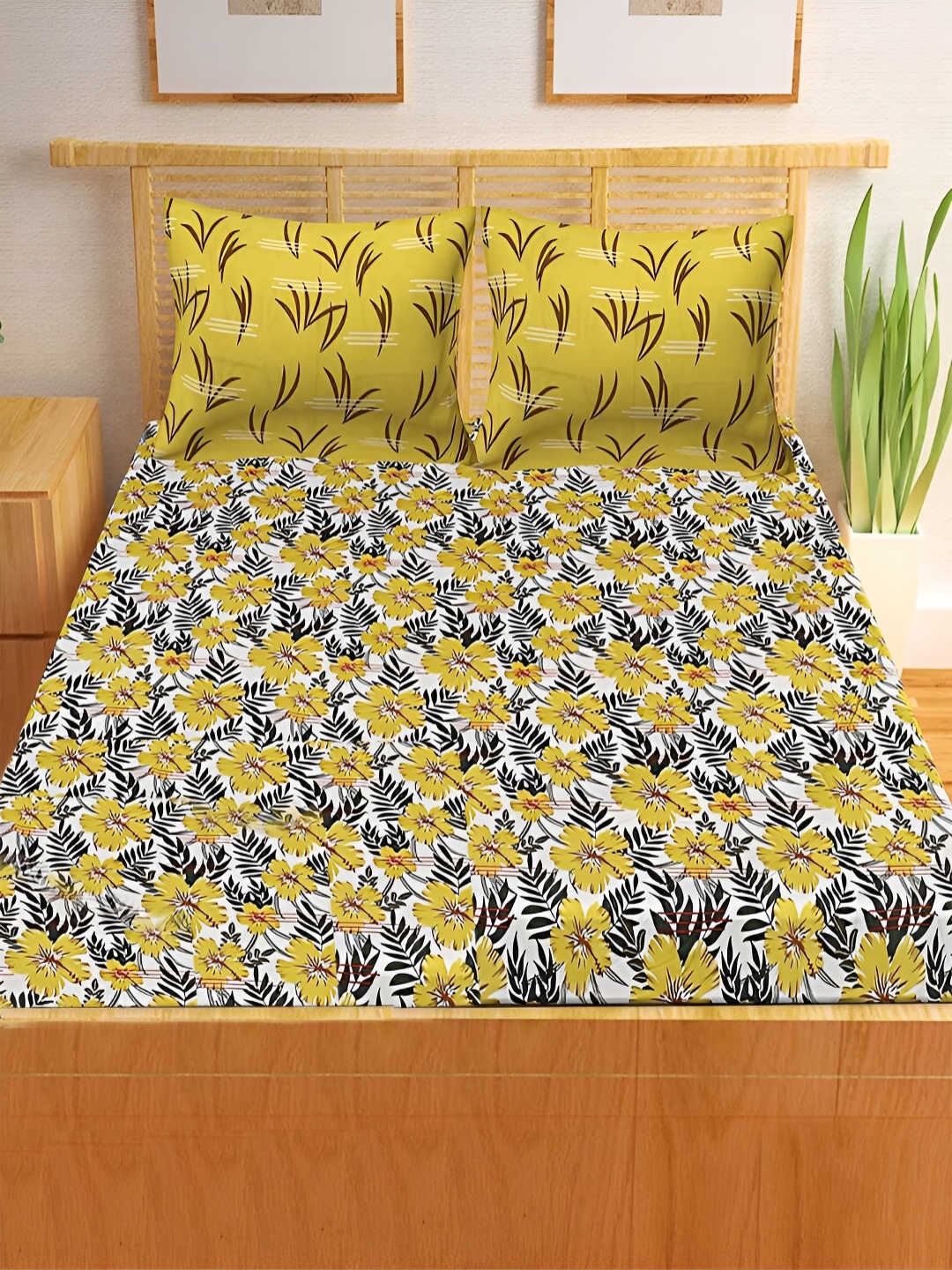 

Kuber Industries Mustard & White Floral 300 TC Queen Bedsheet with 2 Pillow Covers