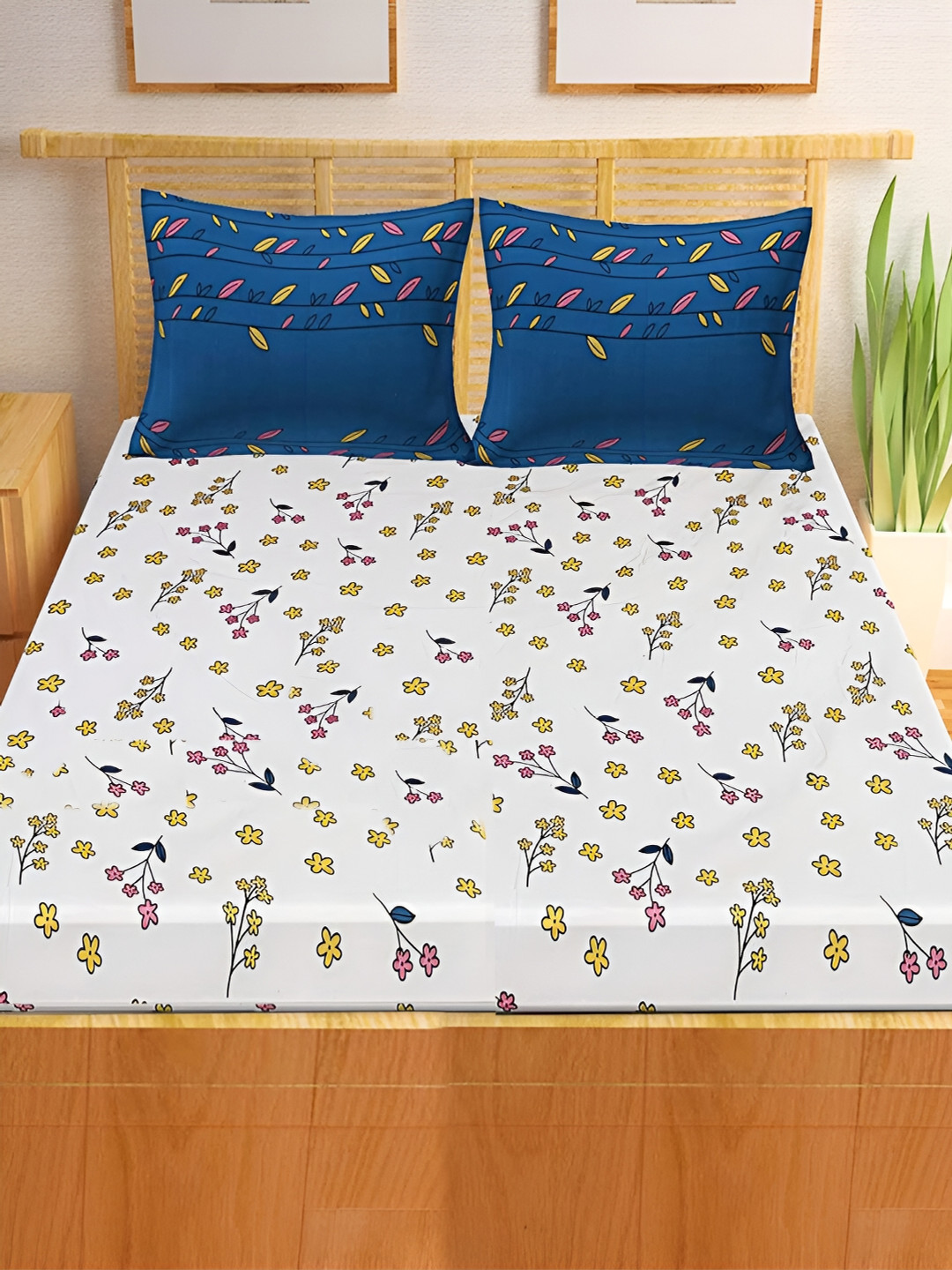 

Kuber Industries White & Yellow Floral 300 TC Queen Bedsheet with 2 Pillow Covers