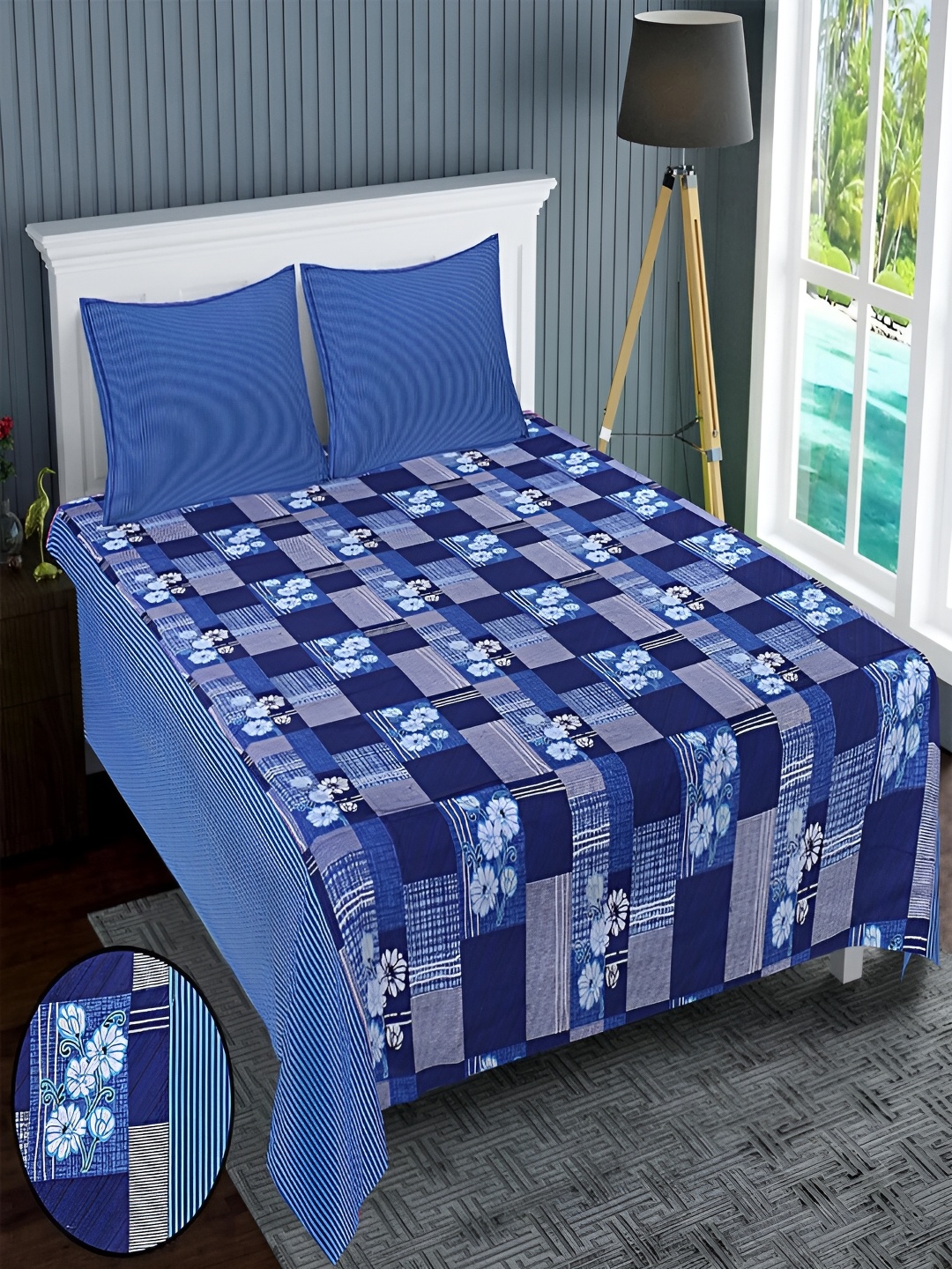 

Kuber Industries Blue & White Floral 300 TC Queen Bedsheet with 2 Pillow Covers