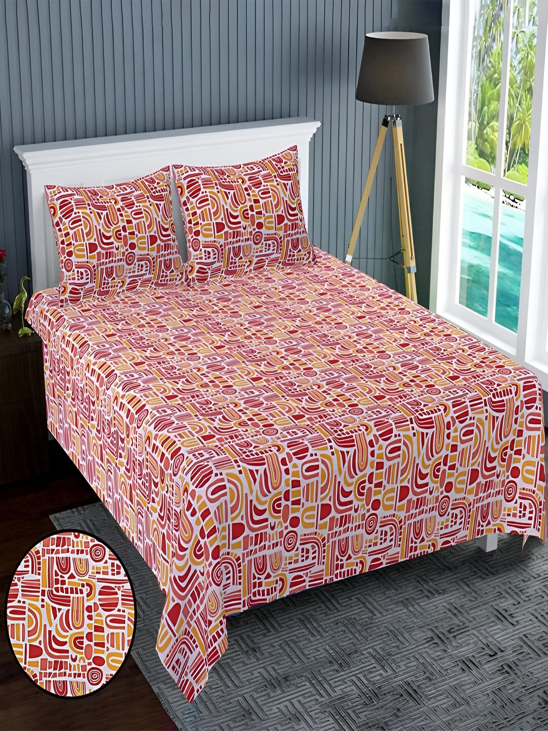 

Kuber Industries Red & White Geometric 300 TC 2 Queen Bedsheet with 2 Pillow Covers