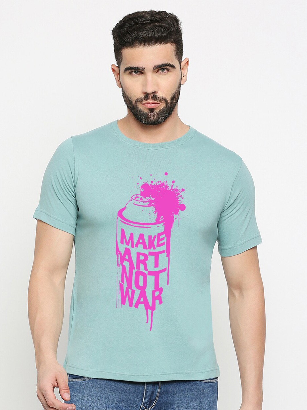 

MOD ECRU Typography Printed Cotton Round Neck Short Sleeves Applique Casual T-shirt, Green
