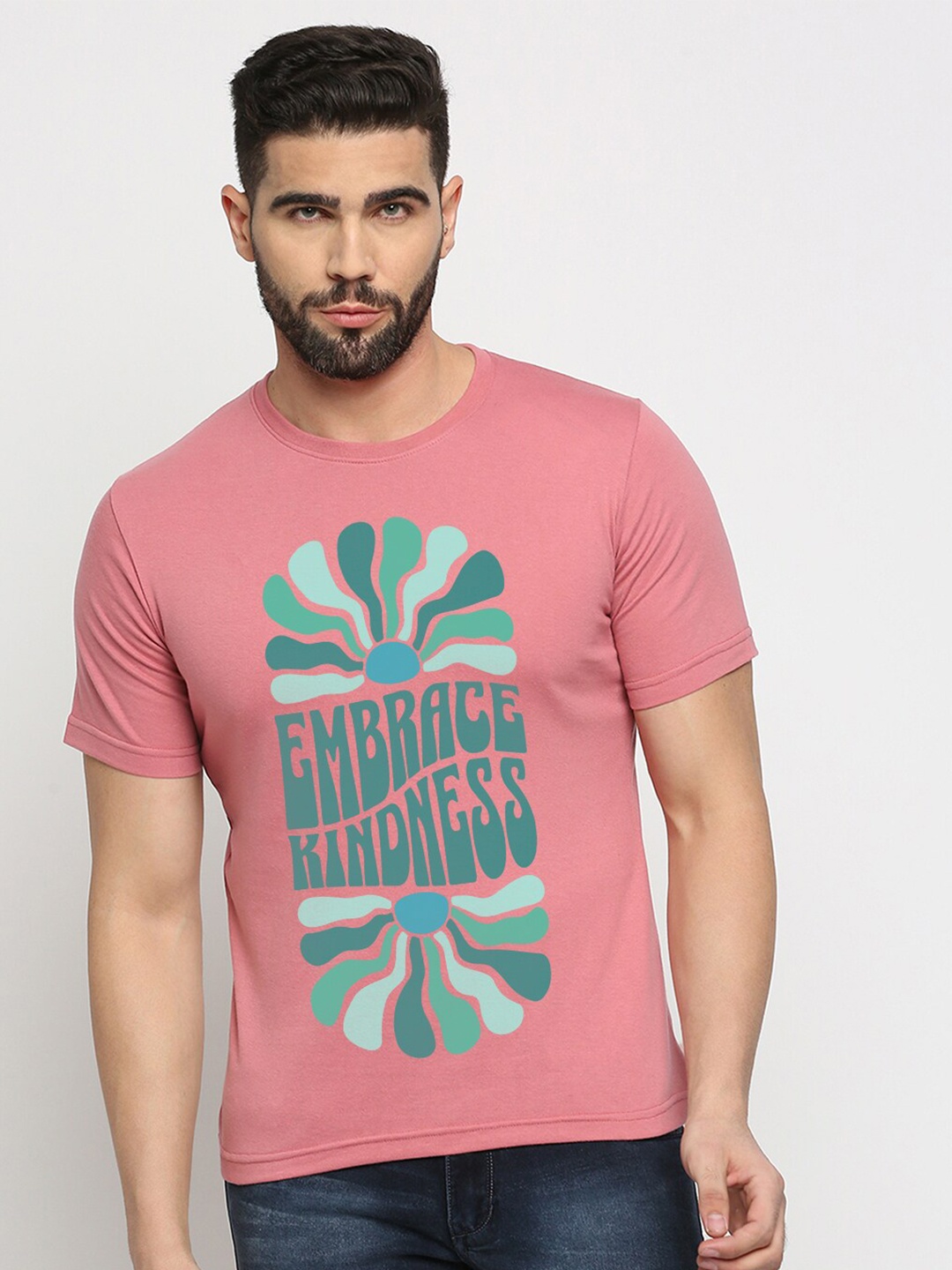 

MOD ECRU Typography Printed Round Neck Cotton T-shirt, Pink