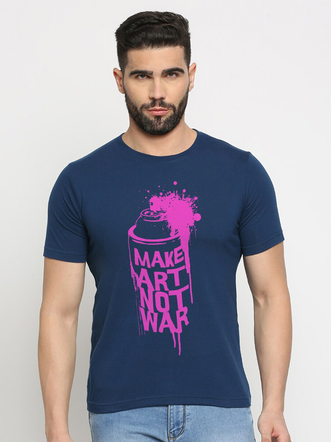 

MOD ECRU Unisex Printed V-Neck Applique T-shirt, Blue