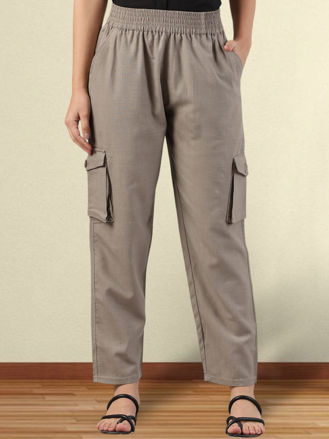 

FITHUB Women Straight Fit High-Rise Trousers, Beige