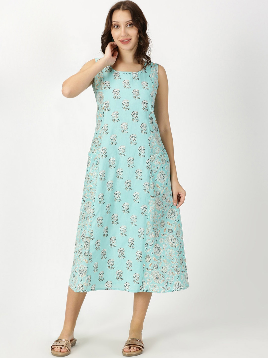 

Saffron Threads Floral Printed Pure Cotton Panelled Midi Dress, Turquoise blue