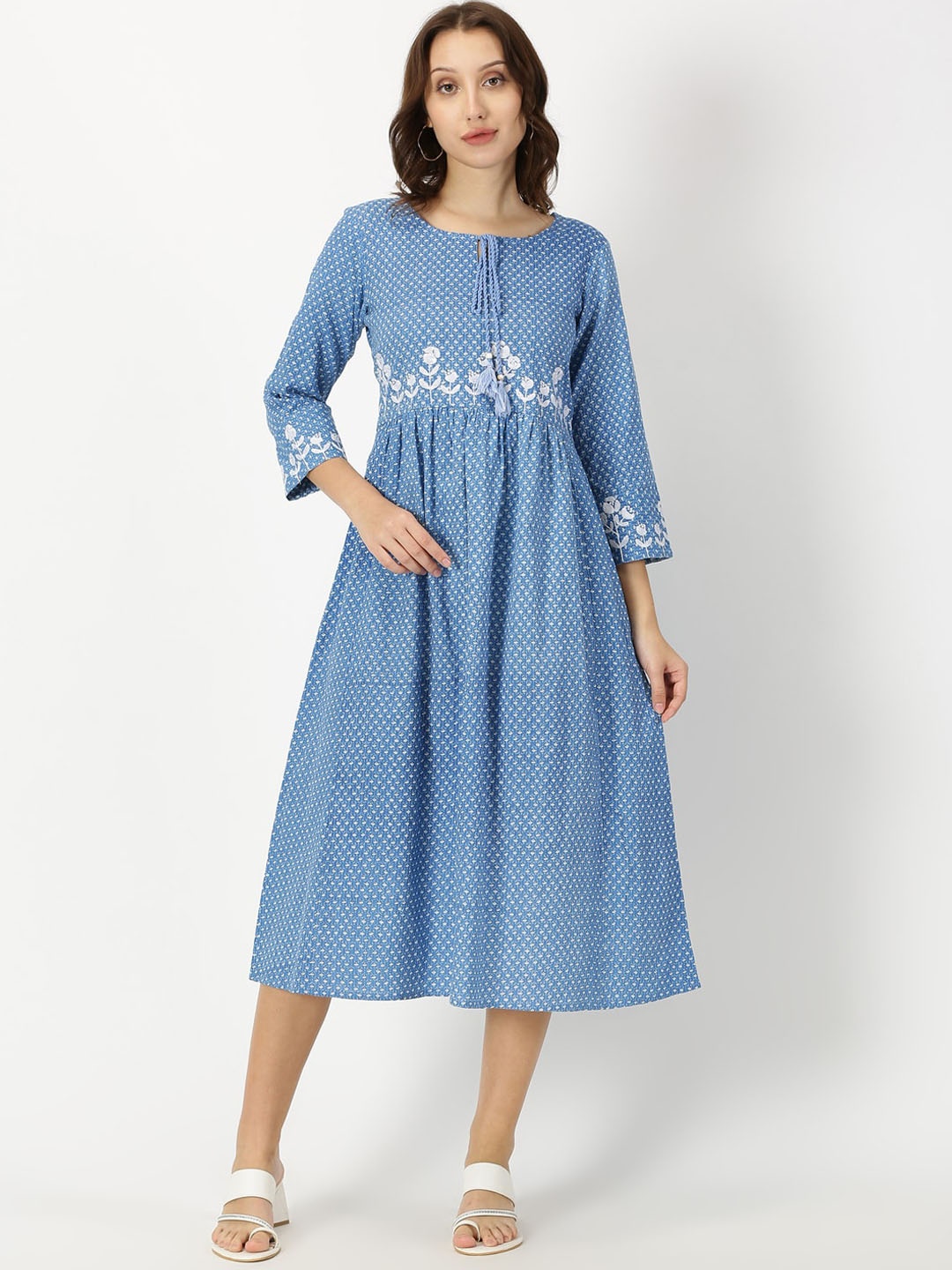 

Saffron Threads Floral Printed Gathered Detailed Pure Cotton Fit & Flare Midi Dress, Blue