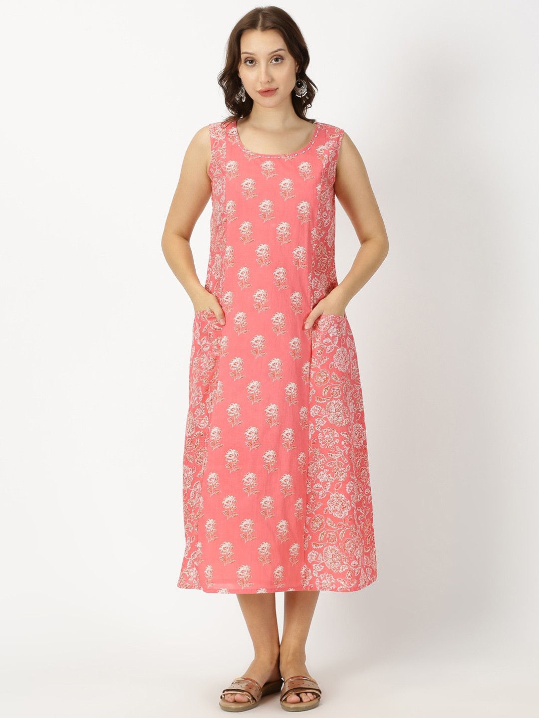 

Saffron Threads Floral Printed Pure Cotton Panelled Midi Dress, Coral