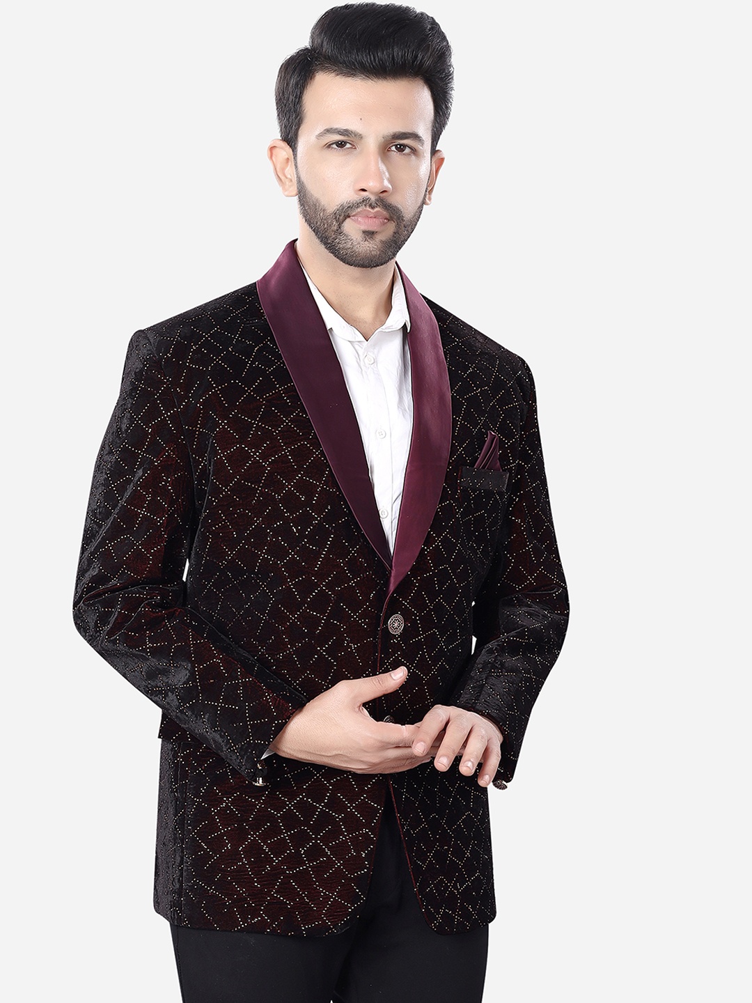 

Avaeta Embellished Velvet Tuxedo Blazer, Maroon