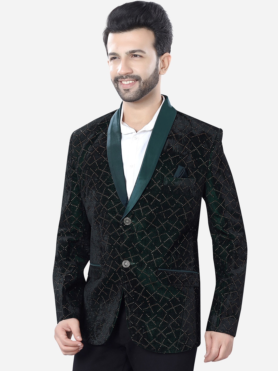 

Avaeta Embellished Shawl Collar Long Sleeves Velvet Tuxedo Blazer, Green