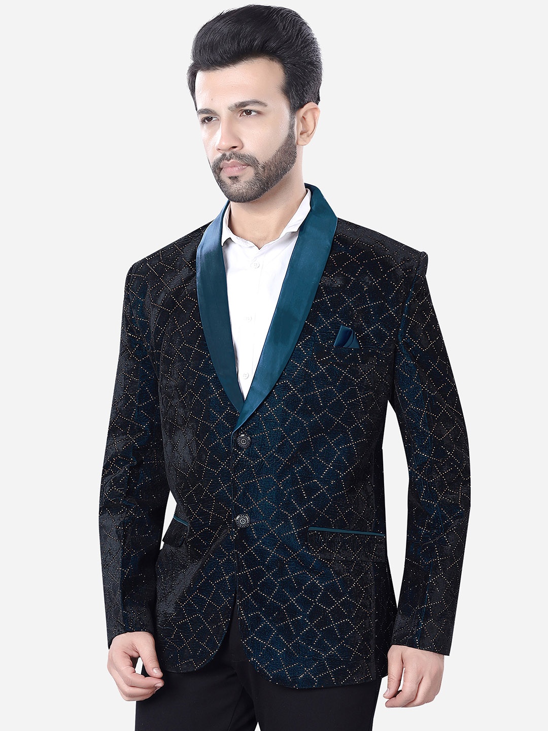 

Avaeta Embellished Velvet Tuxedo Blazer, Teal