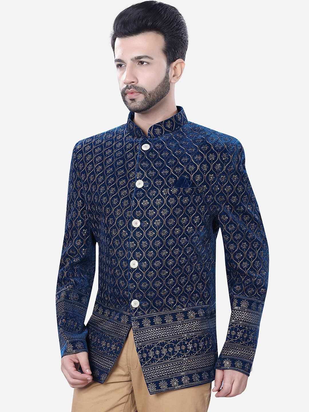 

Avaeta Embellished Mandarin Collar Long Sleeves Velvet Bandhgala Blazer, Teal