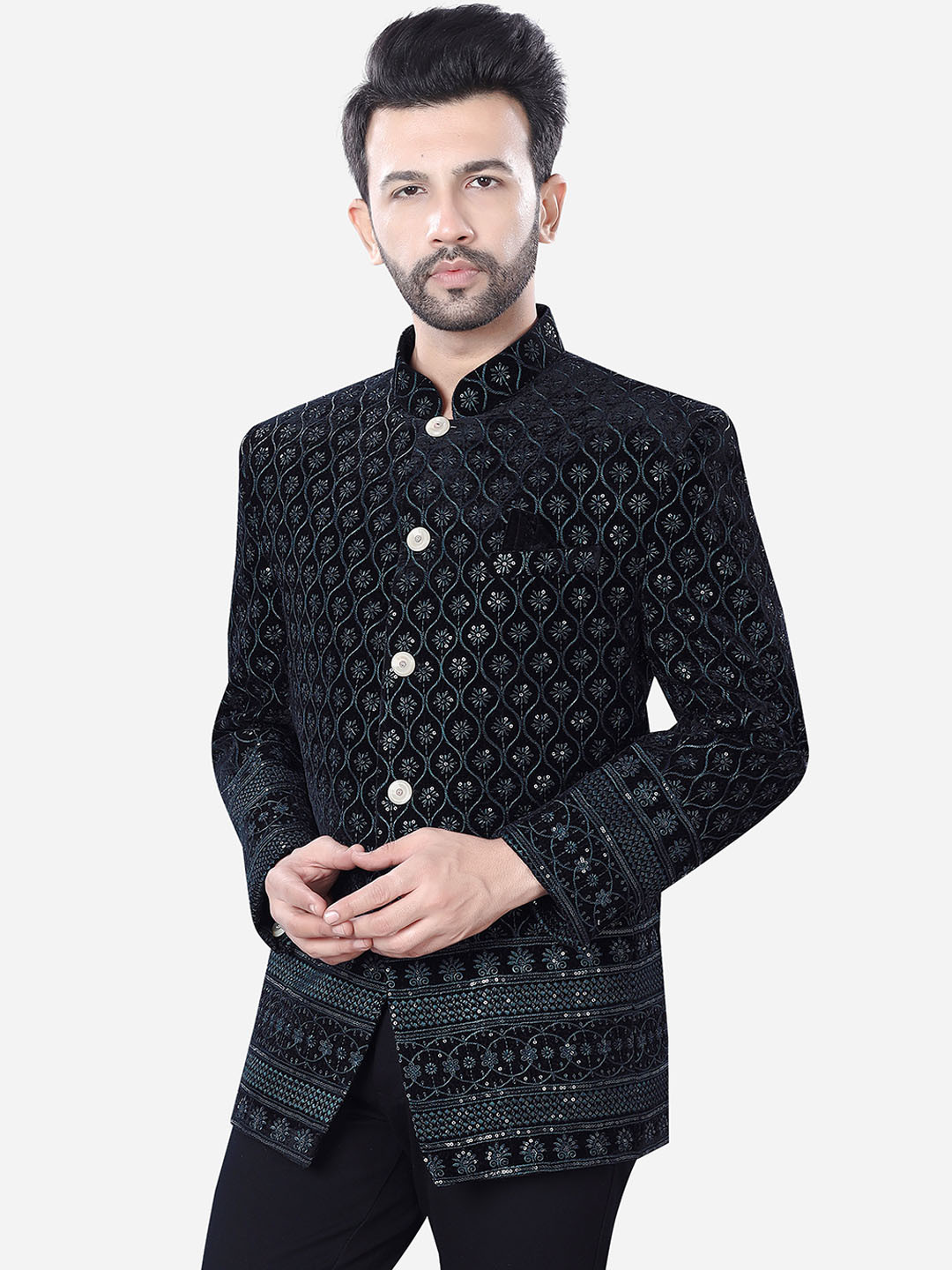 

Avaeta Embellished Mandarin Collar Long Sleeves Velvet Bandhgala Blazer, Navy blue
