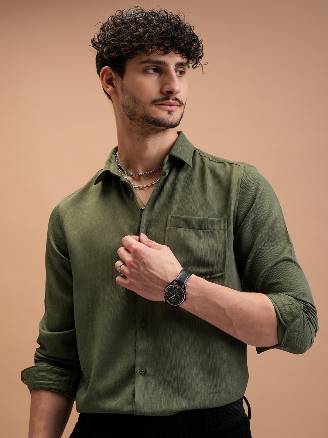 

Highlander Men Textured Solid Relaxed Shirt, Olive