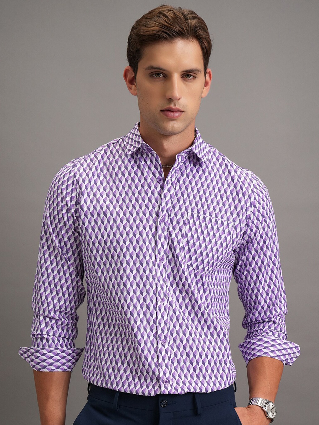 

HIGHLANDER Men Slim Fit Opaque Printed Casual Shirt, Purple