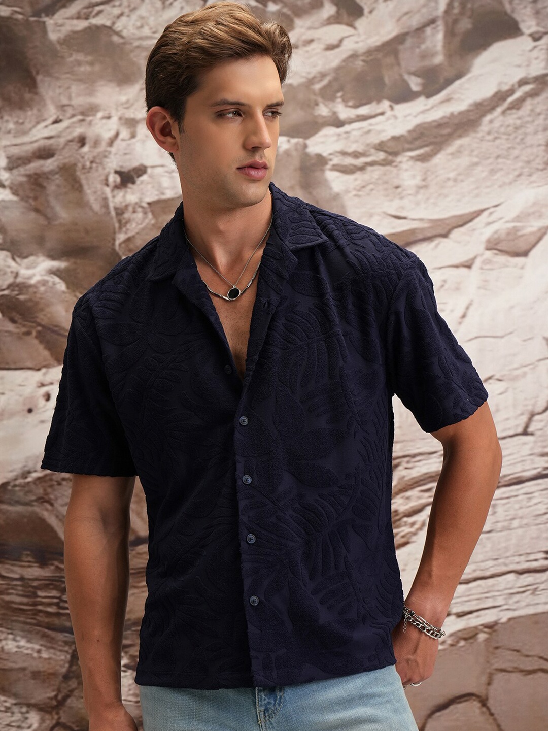 

Highlander Men Drop Shoulder Cuban Collar Shirt, Navy blue