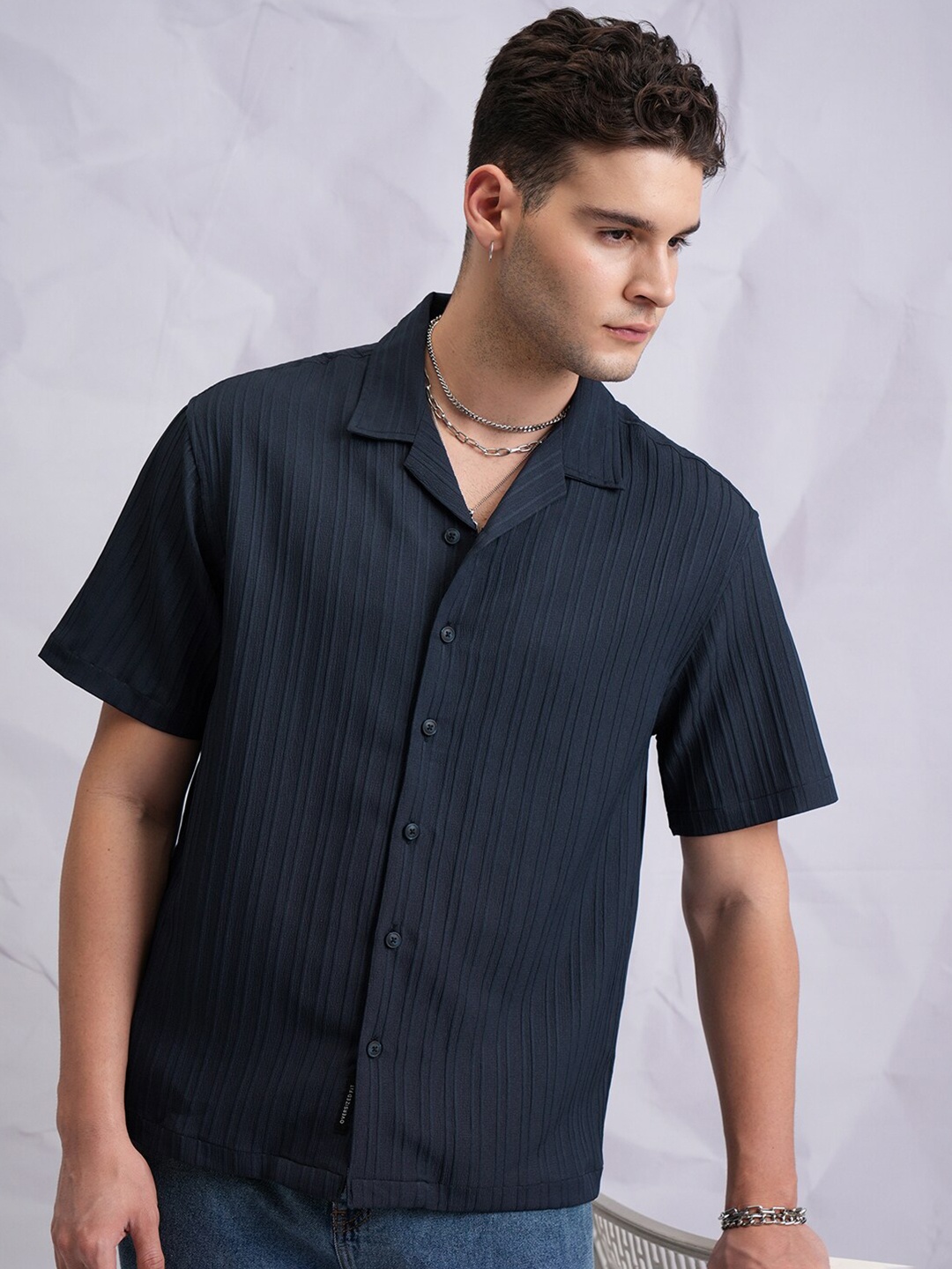 

HIGHLANDER Jacquard Textured Striped Cuban Collar Oversized Shirt, Navy blue