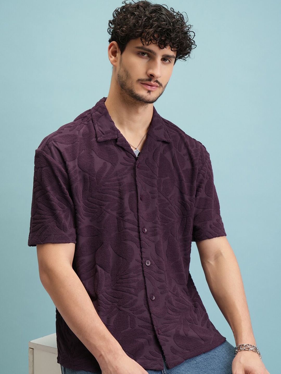 

Highlander Men Terry Towel Oversized Drop Shoulder Cuban Collar Shirt, Purple